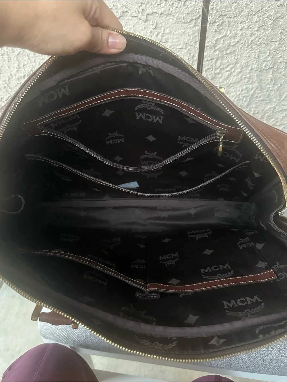 MCM Cognac Leather Briefcase with Gold Plaque